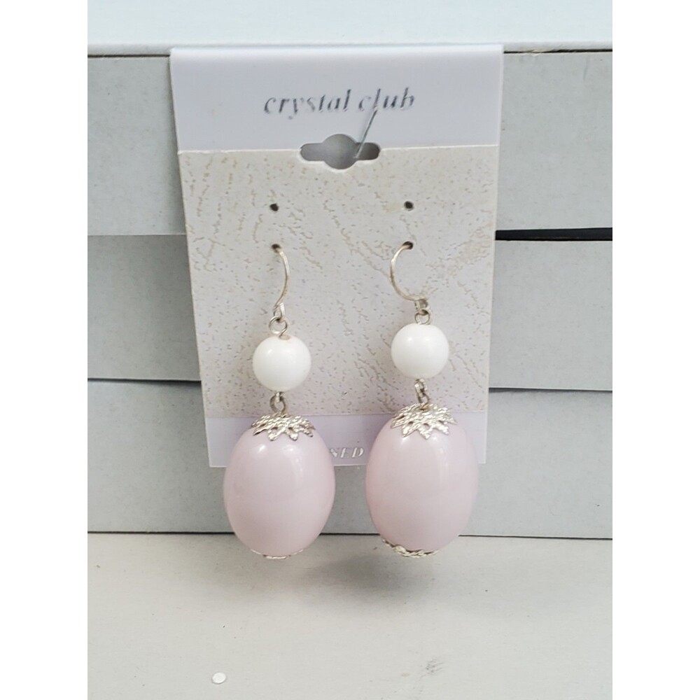 Crystal Club Light Pink White Bead Dangle Earrings Silver Tone Filigree Caps